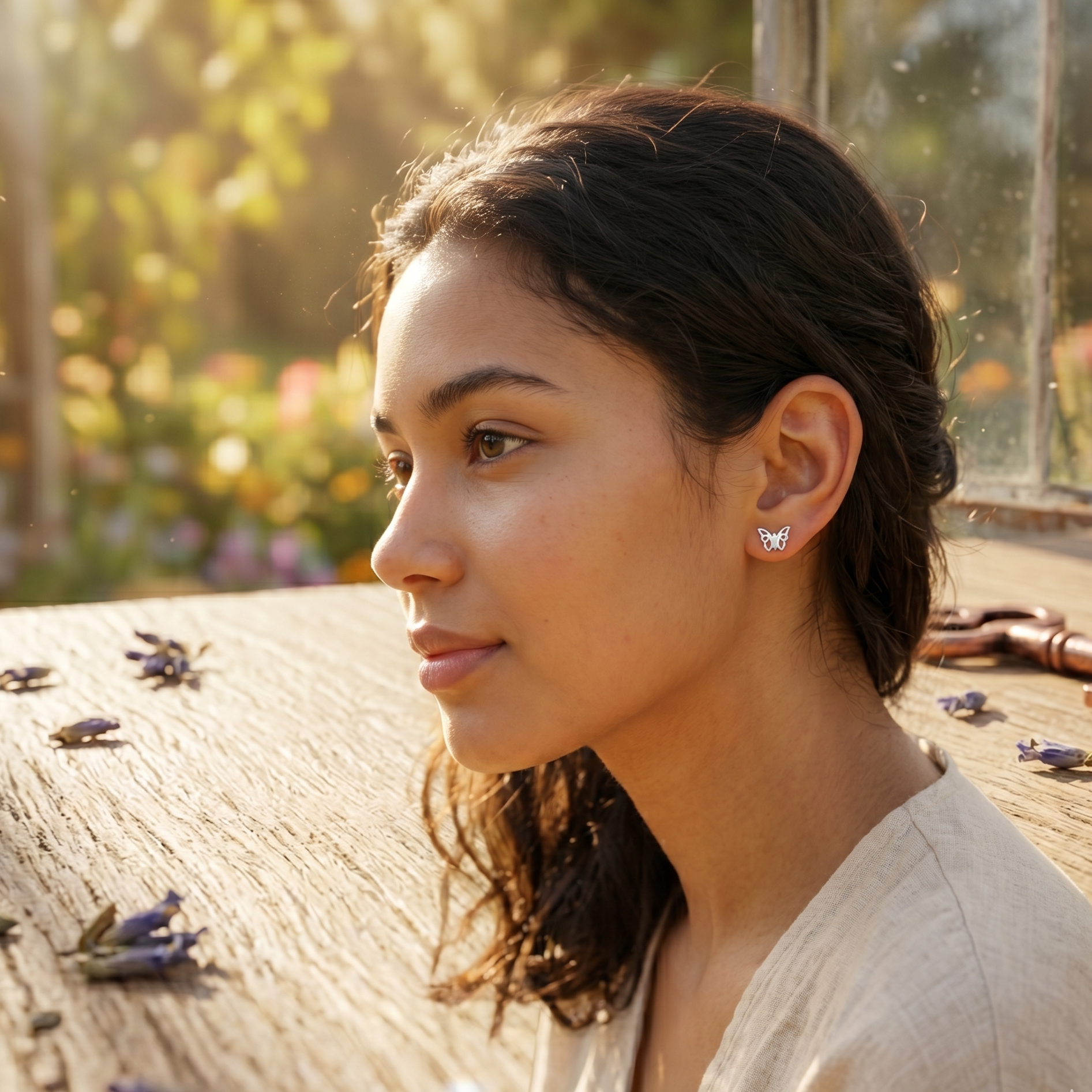 Woman wearing a butterfly earring with a blurred outdoor background