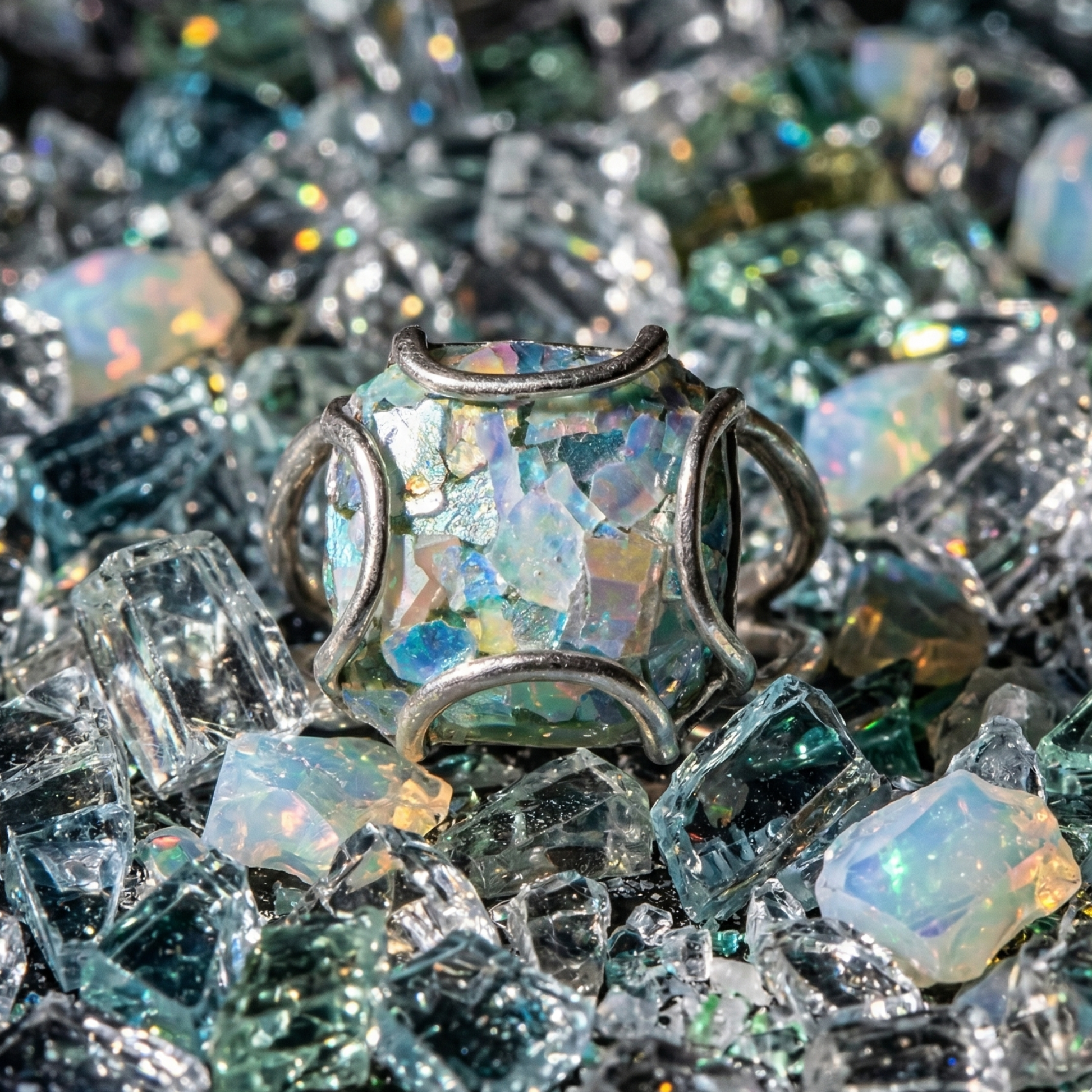 Opal ring surrounded by scattered opals on a dark background