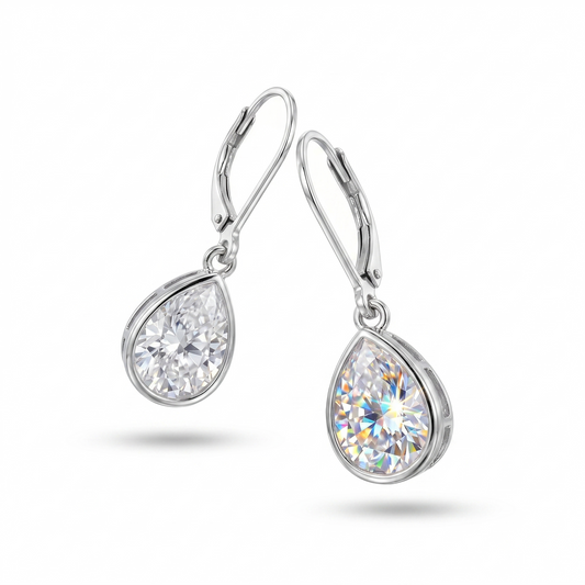 Clear CZ Pear Shape Drop Earrings Rhodium Plated 925 Sterling Silver Lever Back