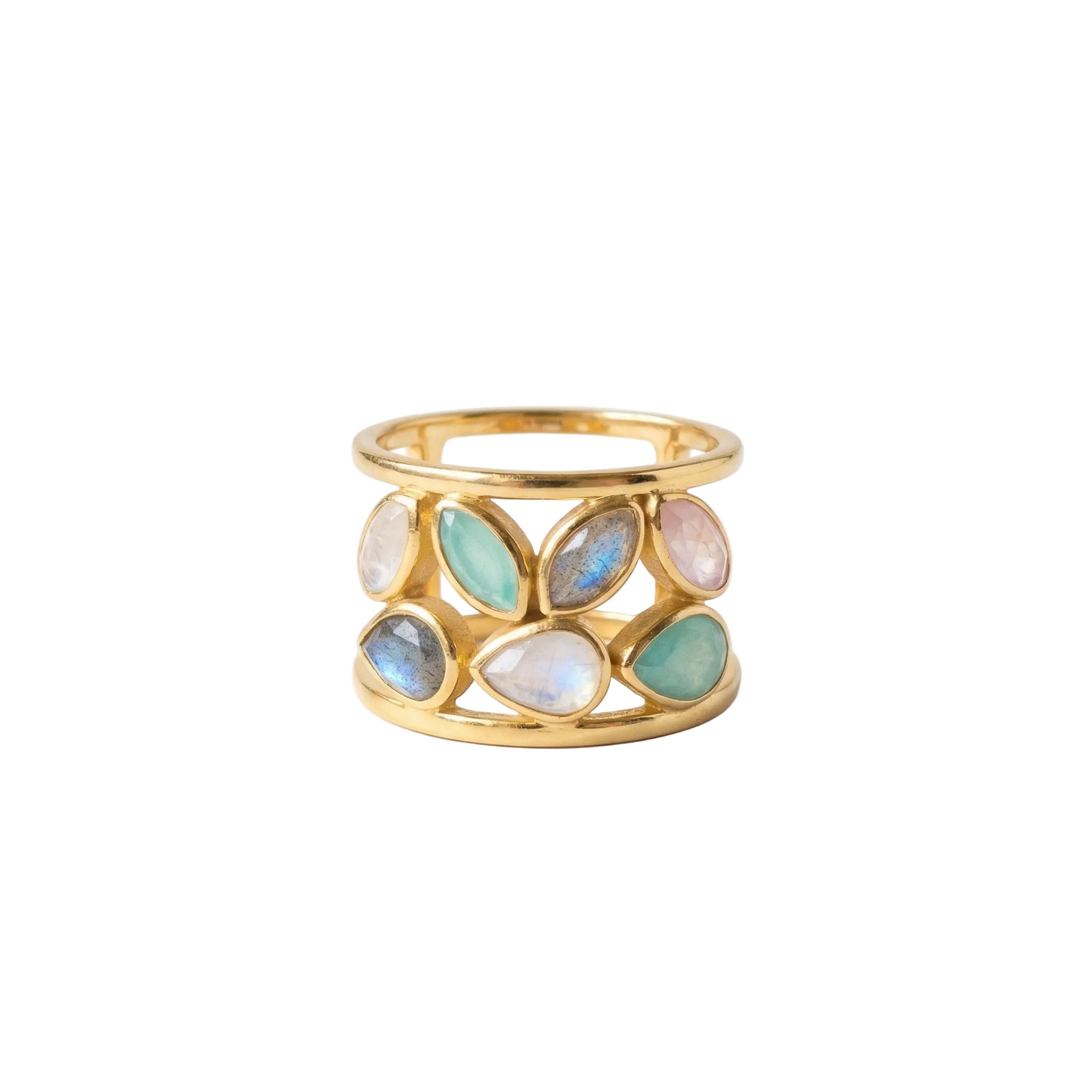 Gold Plated Multi Stone Pastel Ring 925 Silver Rose Quartz Moonstone Sizes 6-10