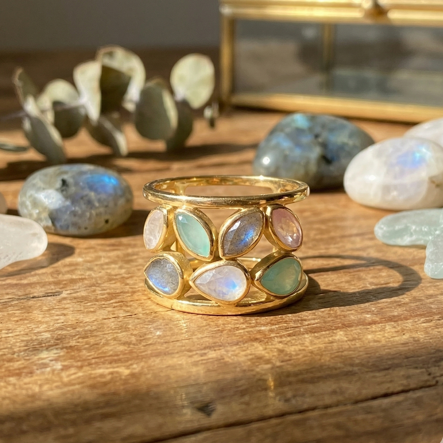 Gold Plated Multi Stone Pastel Ring 925 Silver Rose Quartz Moonstone Sizes 6-10