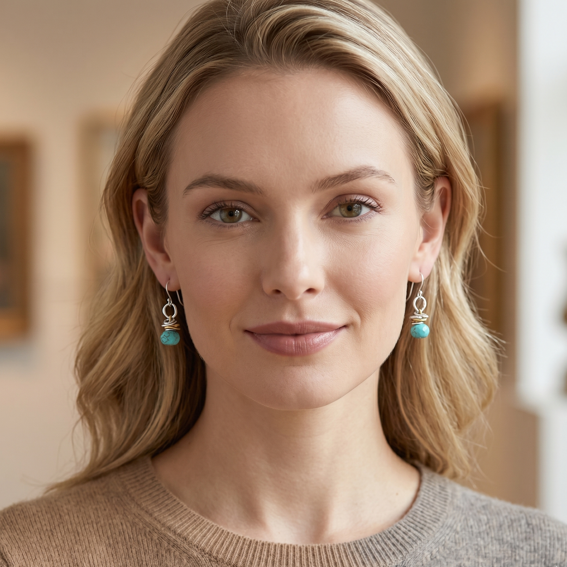 Woman wearing earrings with turquoise beads in a blurred indoor setting