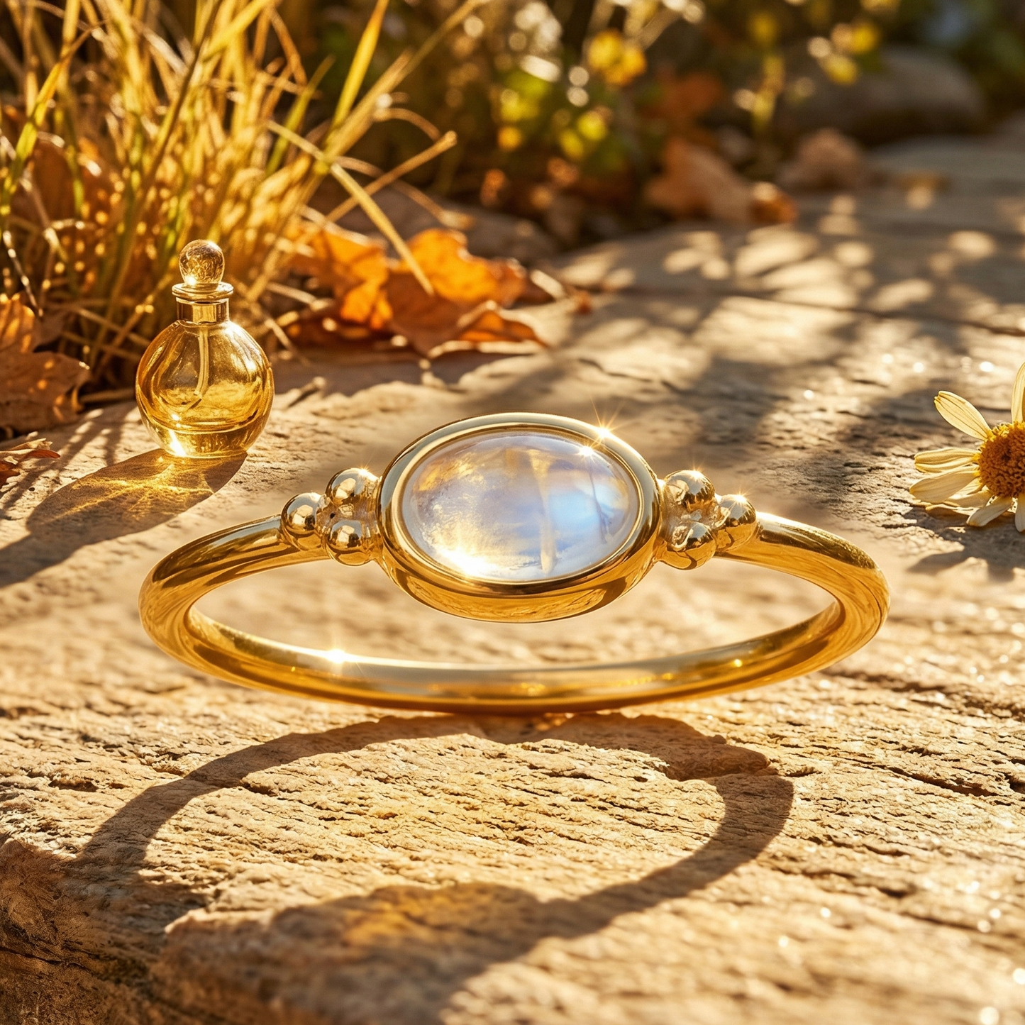 Dainty Rainbow Moonstone Ring 14K Gold Plated 925 Silver 6x4mm Sizes 4-9