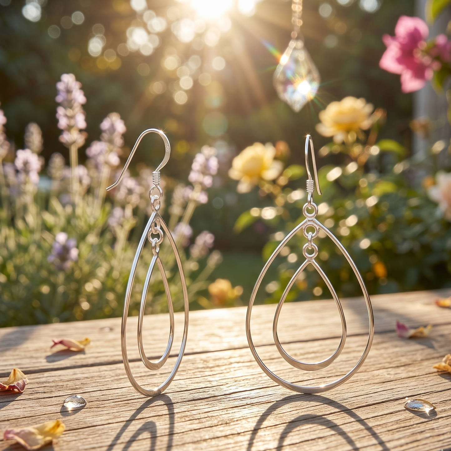 Silver teardrop earrings on a wooden surface with a garden background