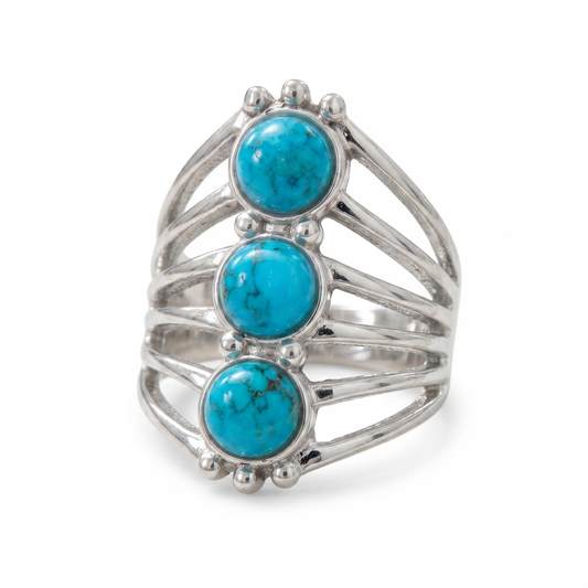 Polished Reconstituted Turquoise Ring 925 Sterling Silver Six Line Sizes 6-10