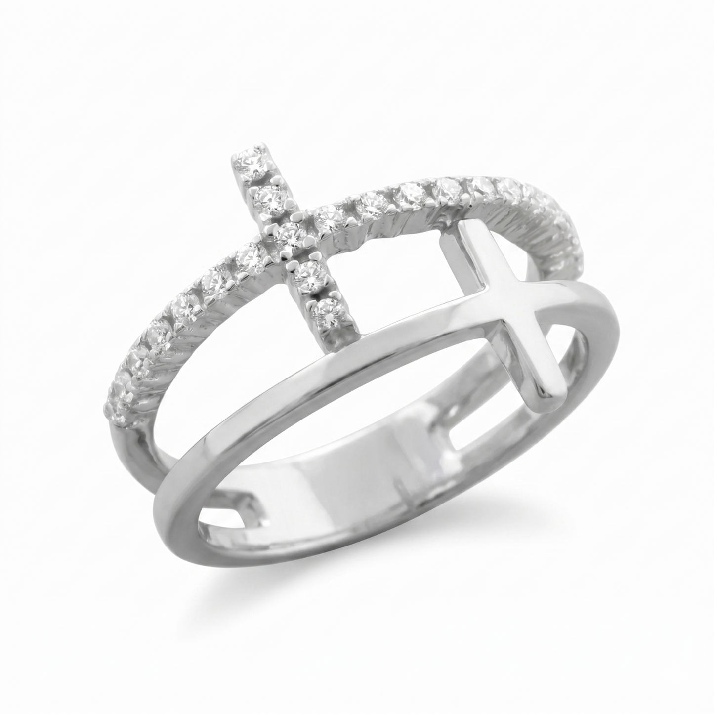 Double Cross CZ Ring 925 Rhodium Silver Split Band Faith Statement Sizes 5-9