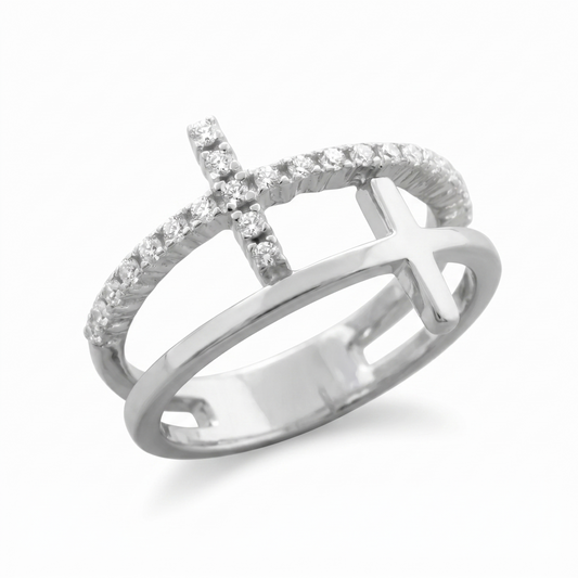 Double Cross CZ Ring 925 Rhodium Silver Split Band Faith Statement Sizes 5-9