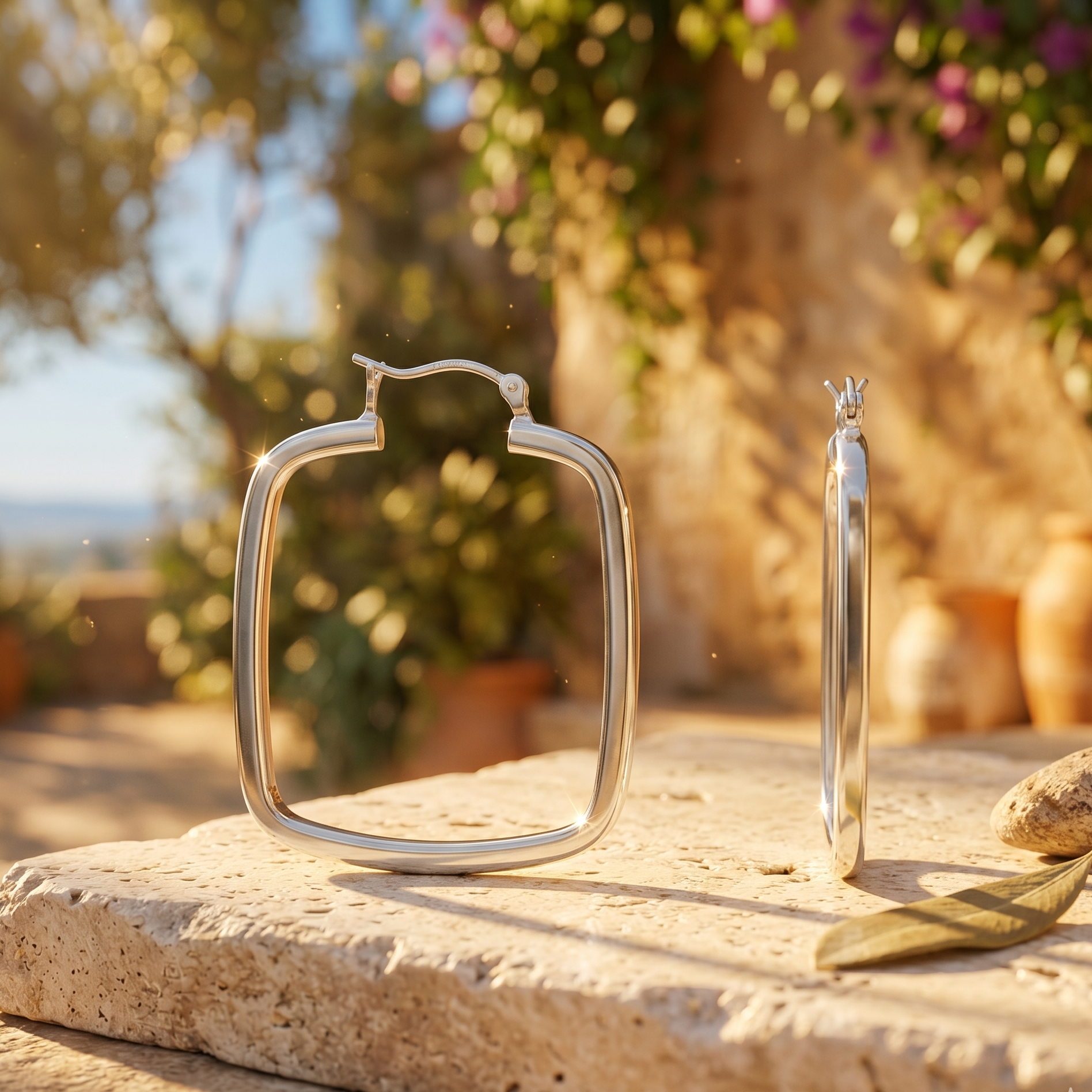 Silver hoop earrings on a stone surface with a natural background