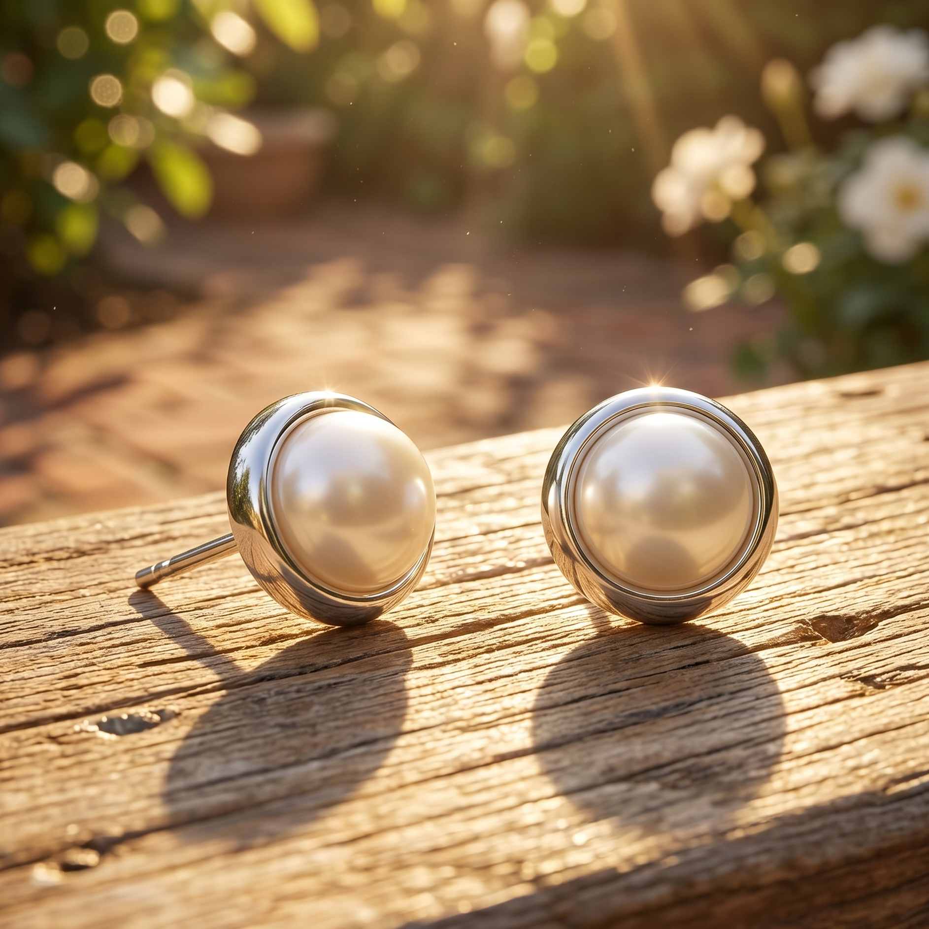 Pearl earrings on a wooden surface with a natural background