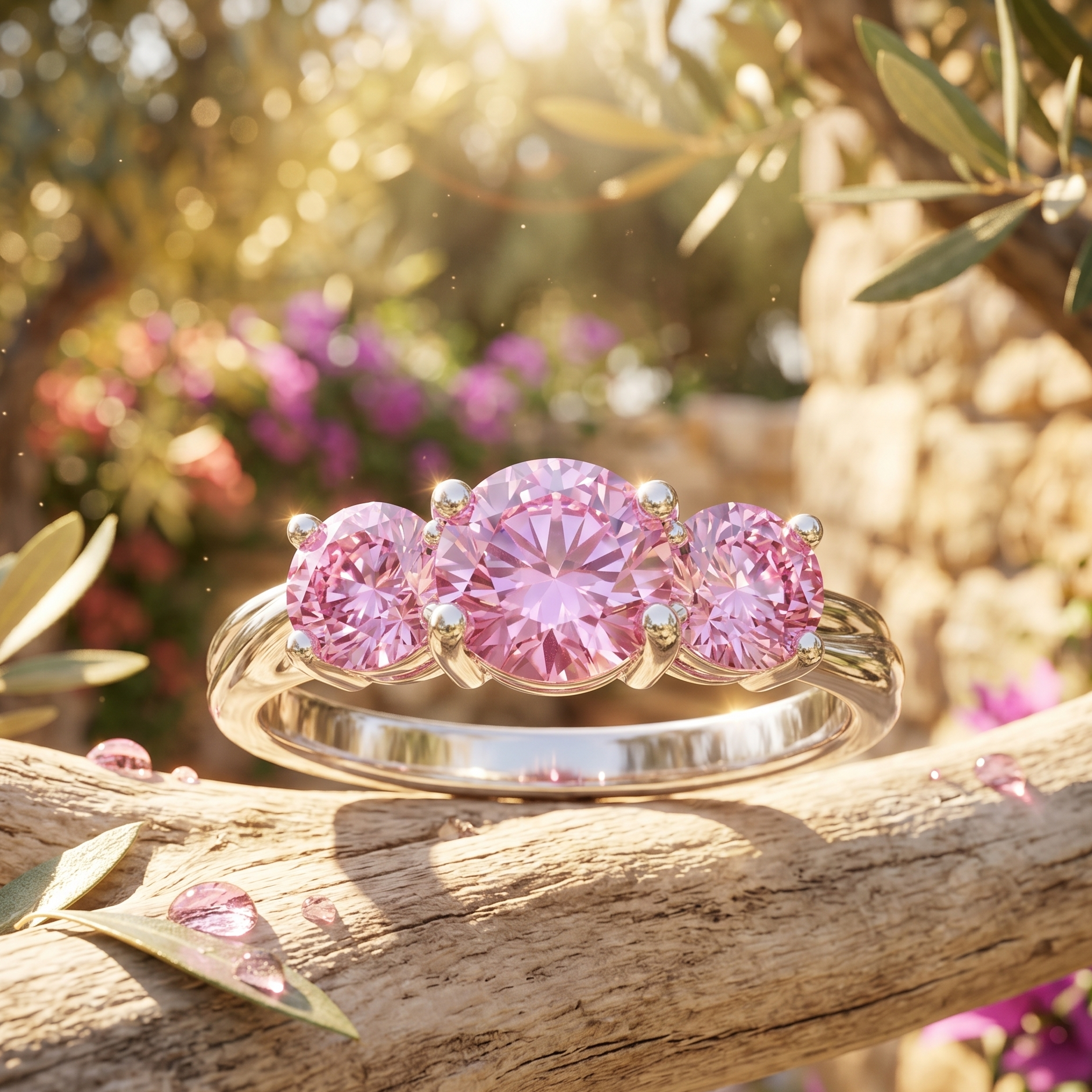 Gold ring with pink gemstones on a wooden branch with blurred floral background