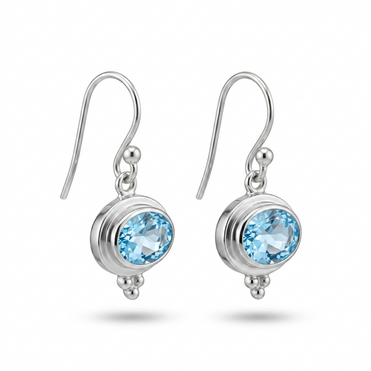 Oval Blue Topaz Bezel Dangle Earrings Rhodium Plated 925 Sterling Silver 11mm x 8mm
