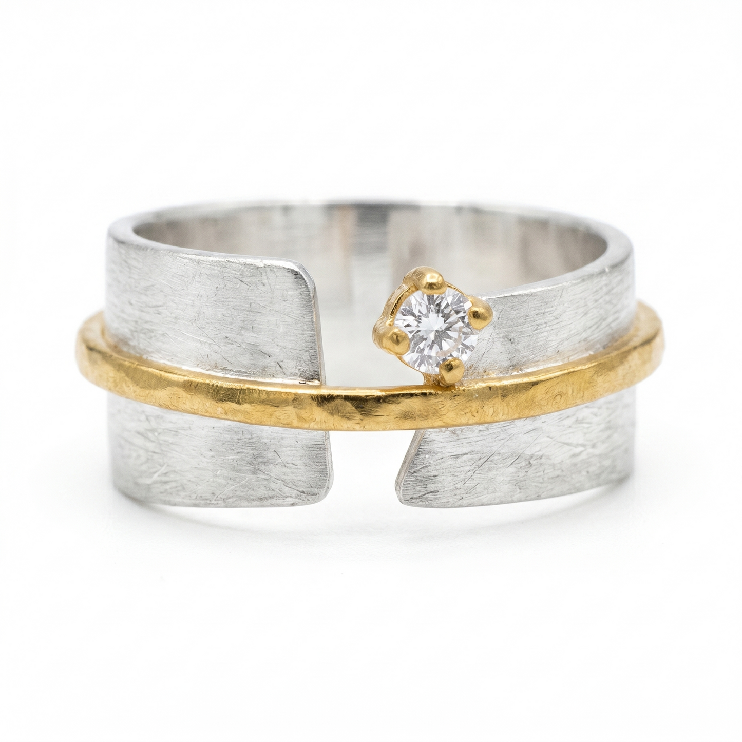 Art Deco Two Tone CZ Ring 925 Silver Satin Split Band Hammered Gold Sizes 5-9