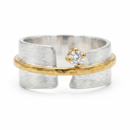 Art Deco Two Tone CZ Ring 925 Silver Satin Split Band Hammered Gold Sizes 5-9