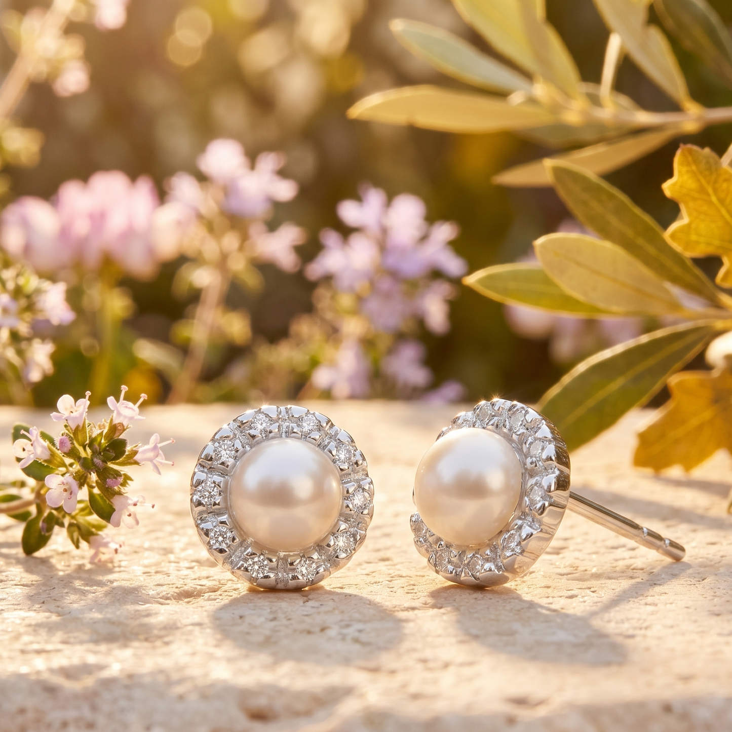 Pearl earrings with diamond accents on a stone surface with flowers and leaves in the background