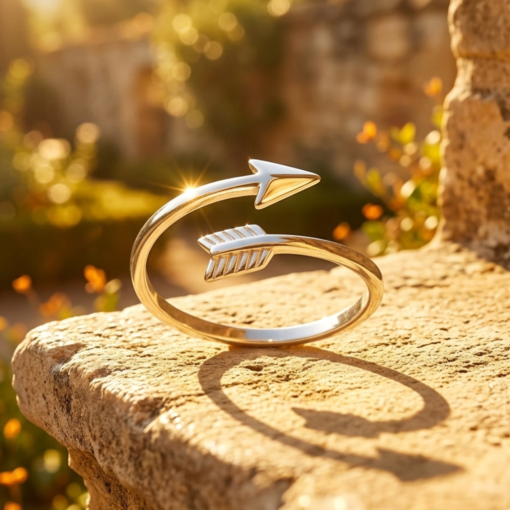 Gold and silver ring with arrow design on a stone surface outdoors