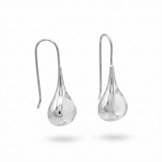 Pair of silver teardrop earrings on a white background