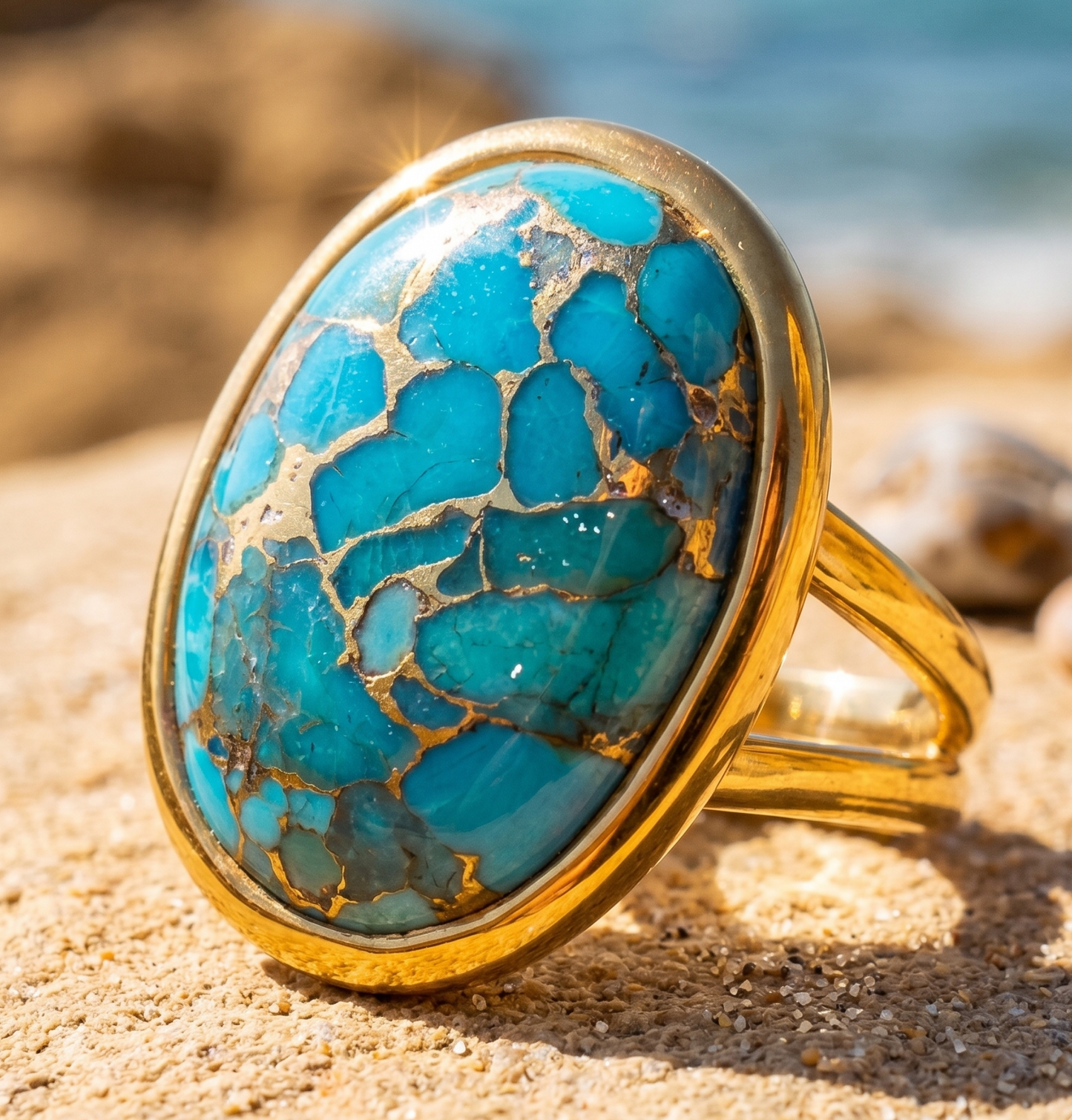 Copper Infused Turquoise Ring 925 14K Gold Plated 13x17.5mm Statement Sizes 6-10