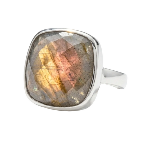 Checkerboard Cut Labradorite Ring 925 Sterling Silver 15mm Square Statement