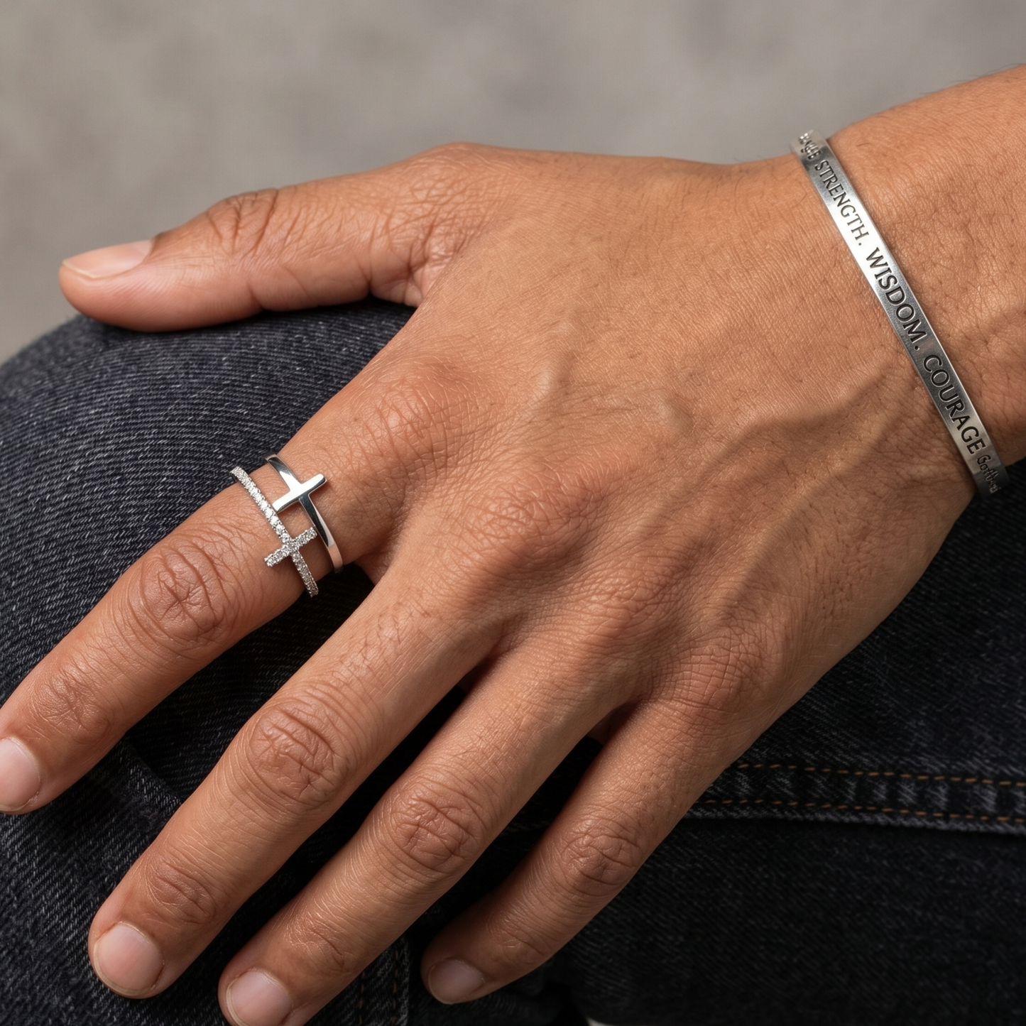 Double Cross CZ Ring 925 Rhodium Silver Split Band Faith Statement Sizes 5-9