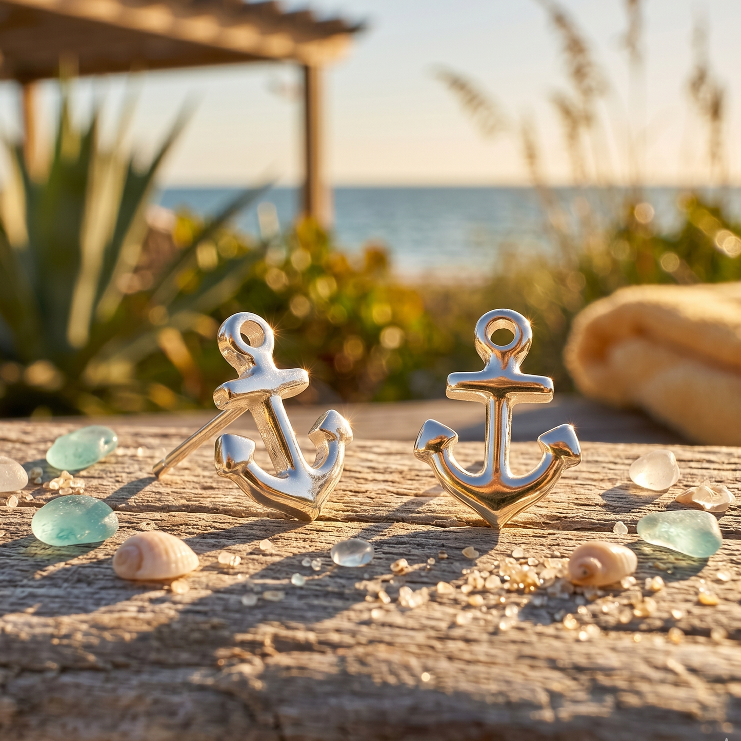 Anchor-shaped earrings on a wooden surface with a beach background