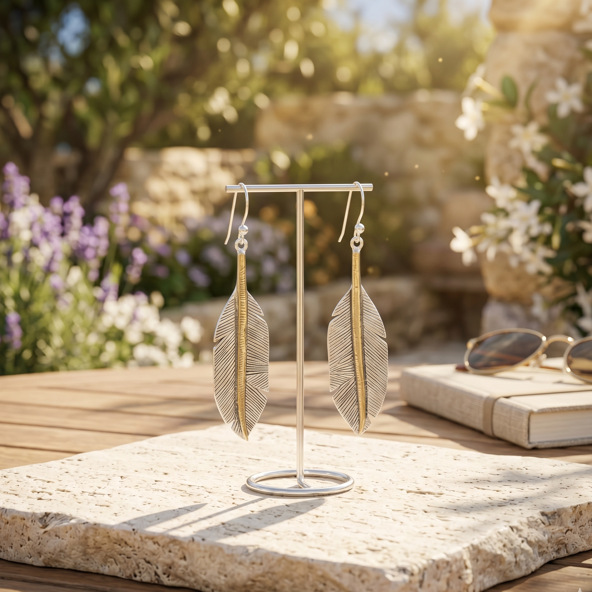 Feather-shaped earrings on a stand with a natural outdoor background