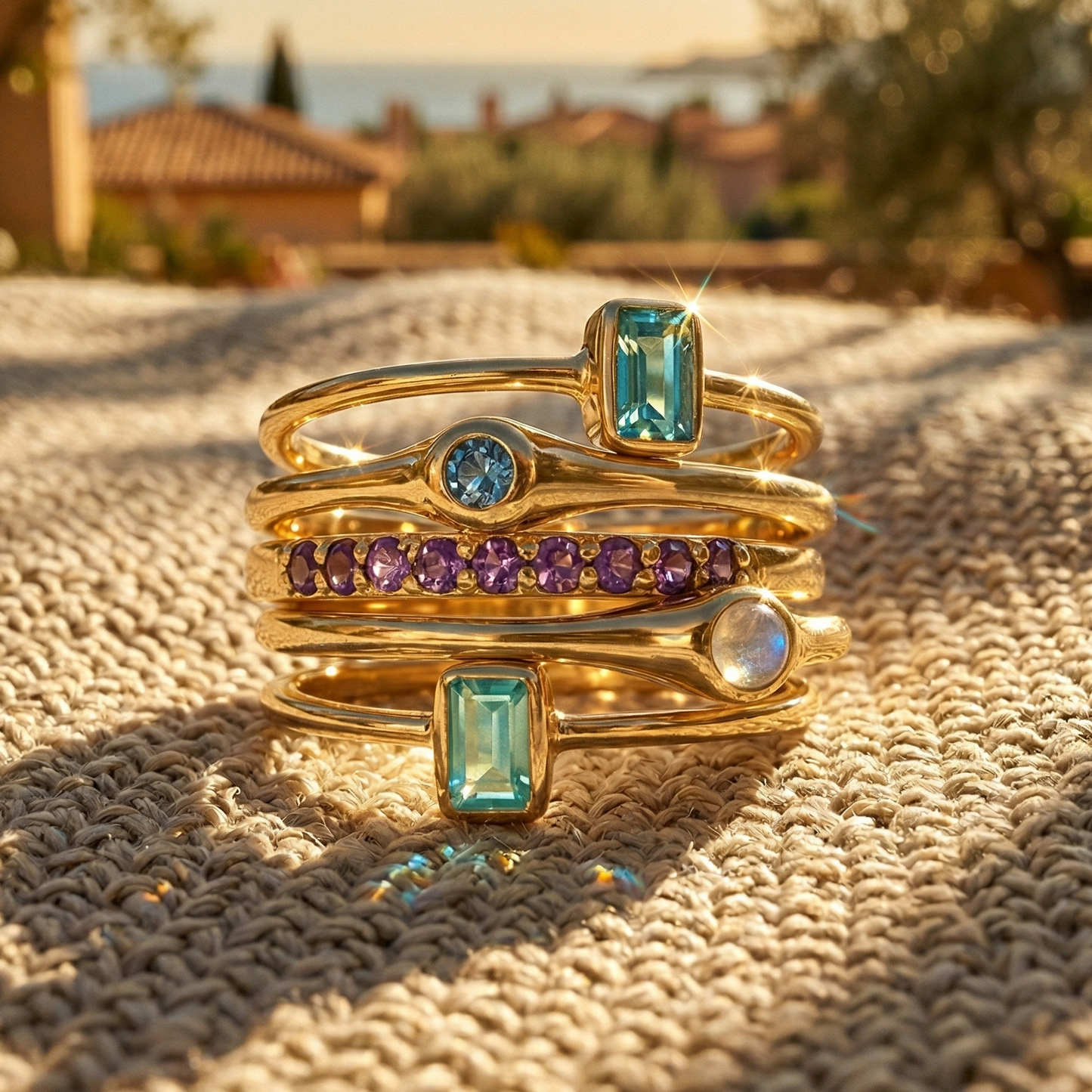 14K Gold Plated Five Ring Set 925 Silver Amethyst Labradorite Glass Sizes 6-9