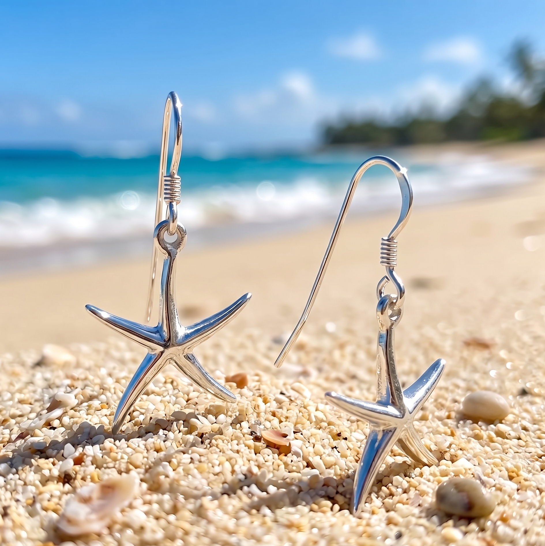 Silver starfish earrings on a sandy beach with ocean in the background