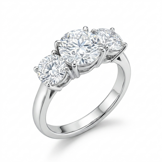 Three-stone diamond ring on a white background