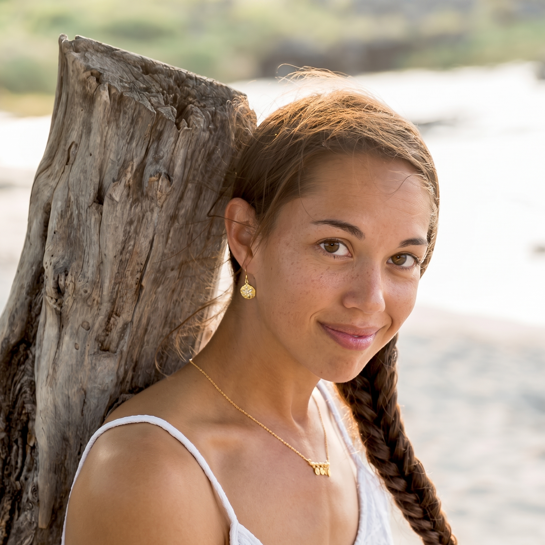 Woman with braided hair leaning against a wooden post by a body of water.