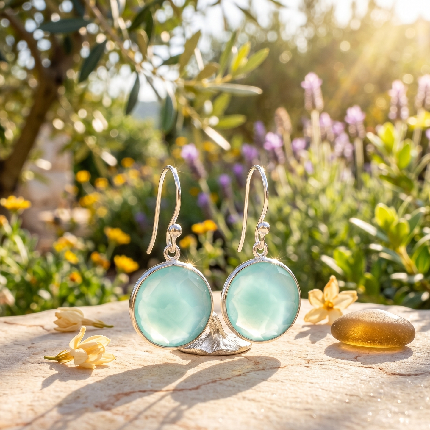 Pair of silver earrings with green gemstones on a wooden surface with a natural background.
