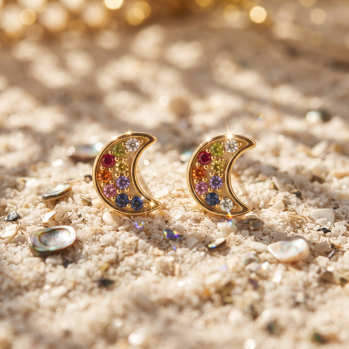 Rainbow CZ Crescent Moon Stud Earrings 14K Gold Plated 925 Sterling Silver