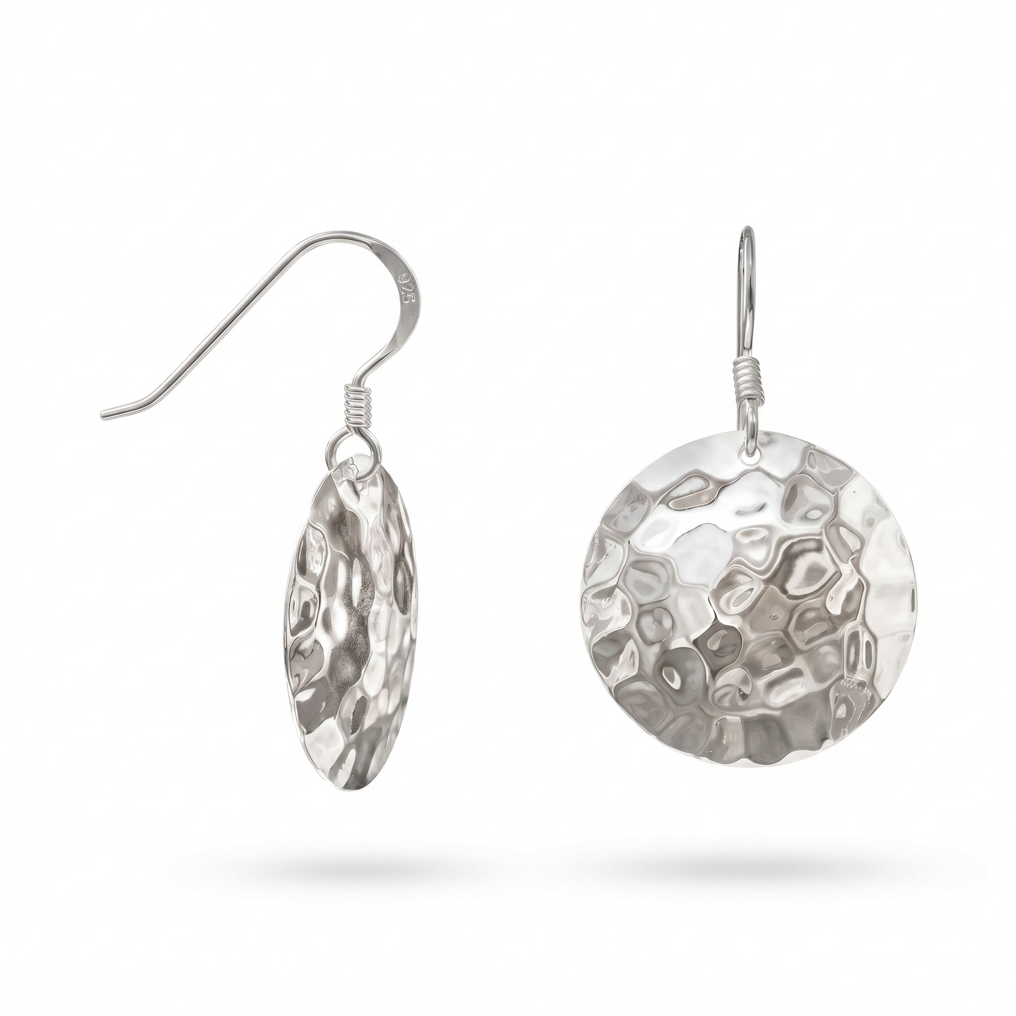 Polished Hammered Round Drop Earrings 925 Sterling Silver 18.5mm French Wire