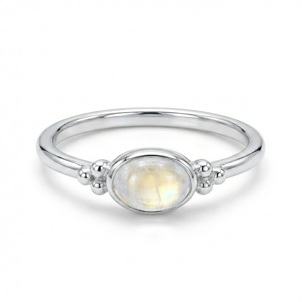 Rainbow Moonstone Ring - Sterling Silver Dainty Oval Statement Jewelry