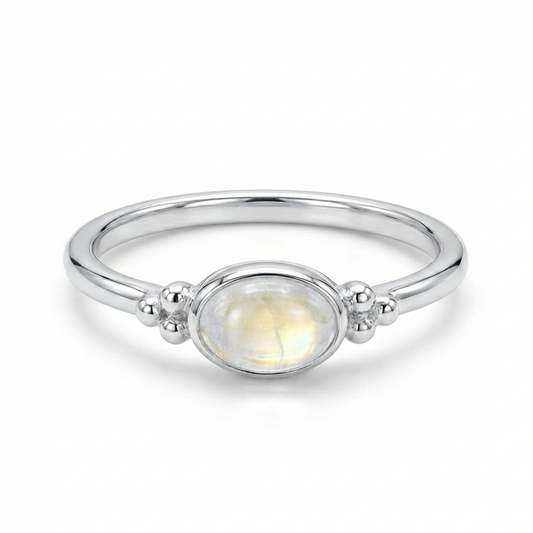 Rainbow Moonstone Ring - Sterling Silver Dainty Oval Statement Jewelry