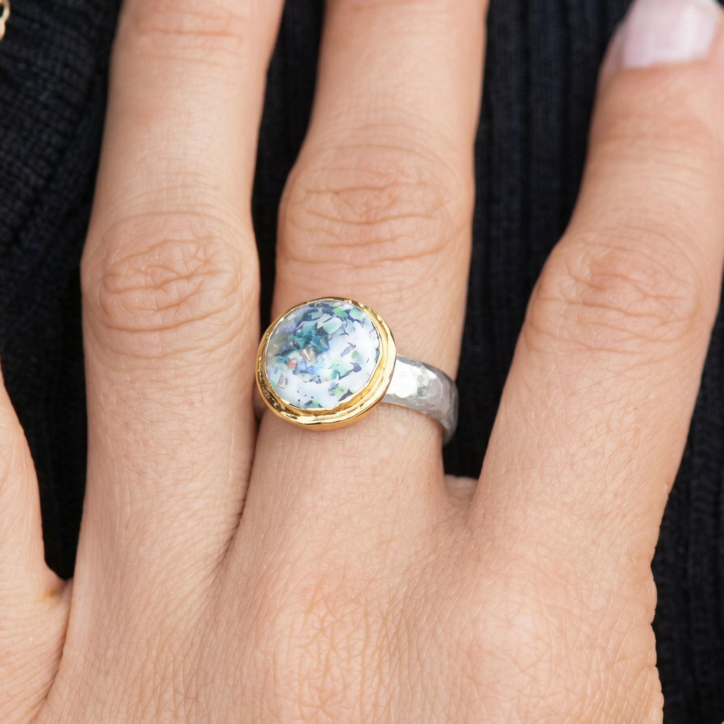 Ancient Roman Glass Ring 925 Silver 18K Gold Edge Certificate Sizes 6-10