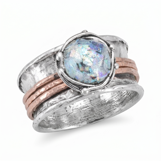 Meditation Spinner Roman Glass Ring 925 Rose Gold Silver Certified Sizes 6-10