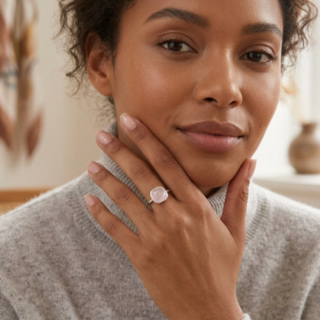 Woman wearing a ring, with a blurred indoor background