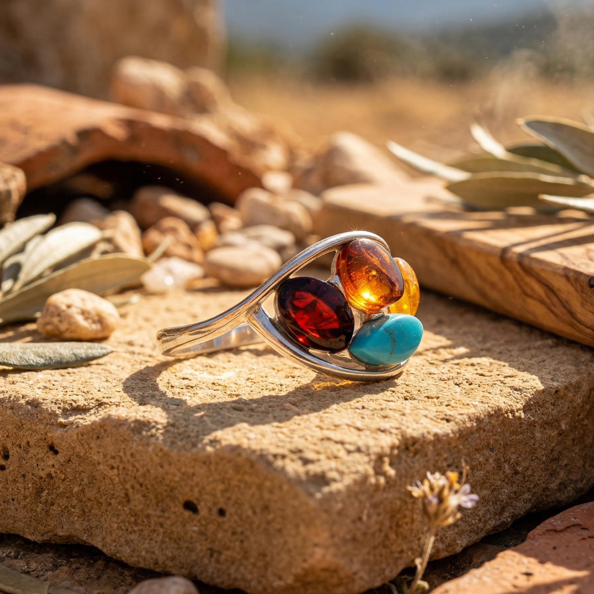 Silver ring with colorful gemstones on a natural stone surface with desert-like background