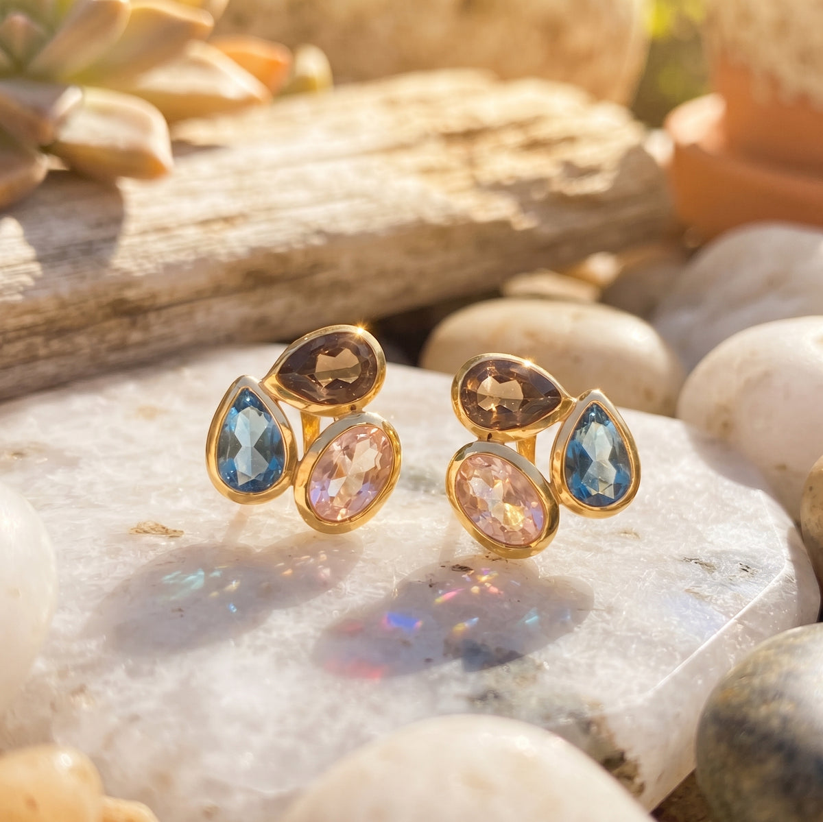 Smoky Quartz Blue Pink Glass Cluster Stud Earrings 14K Gold Plated 925 Silver