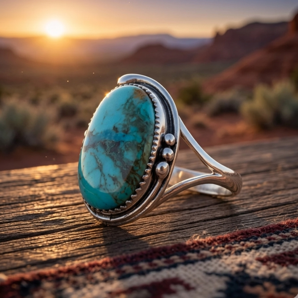Turquoise ring on a wooden surface with a desert sunset background