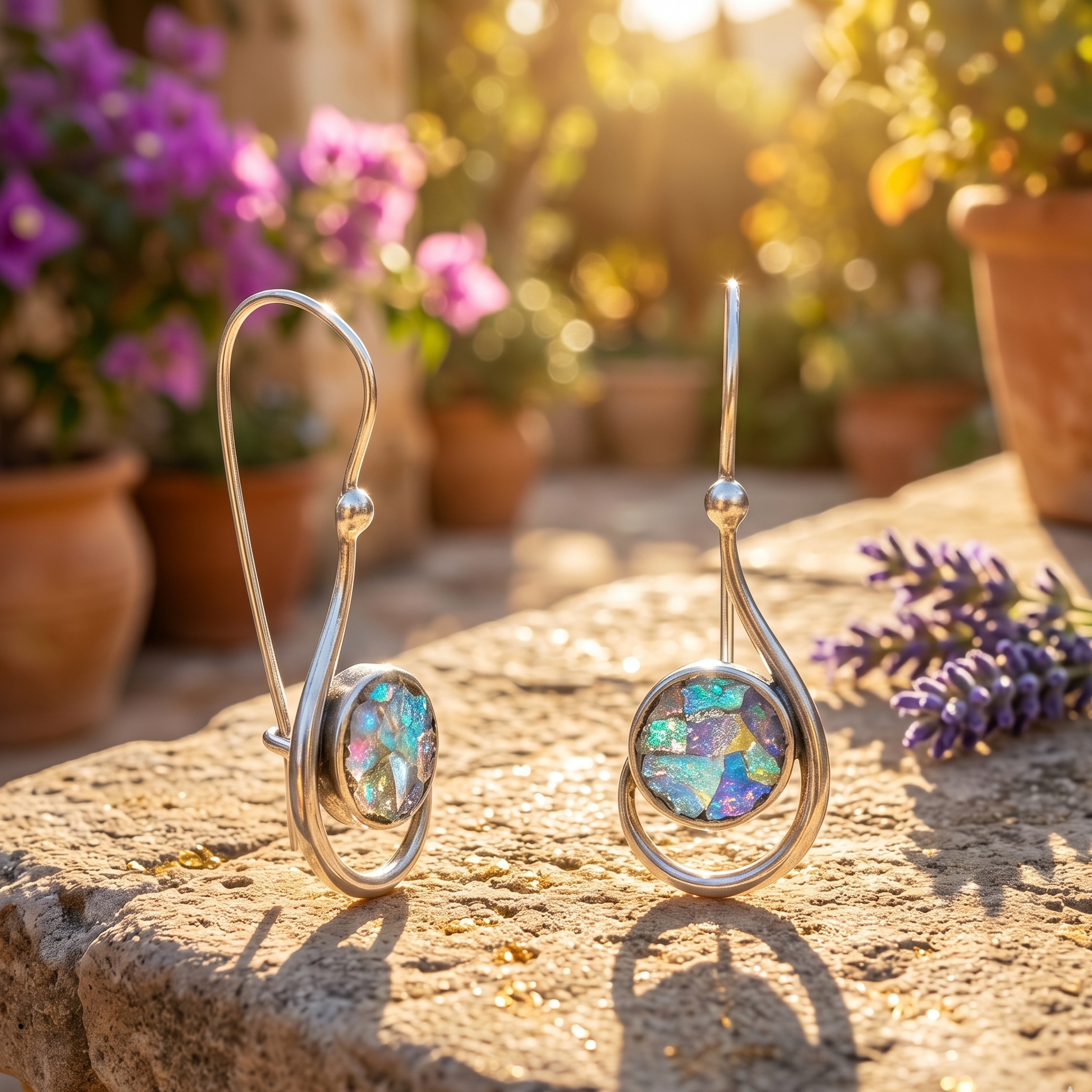Silver earrings with colorful gemstones on a stone surface with flowers in the background