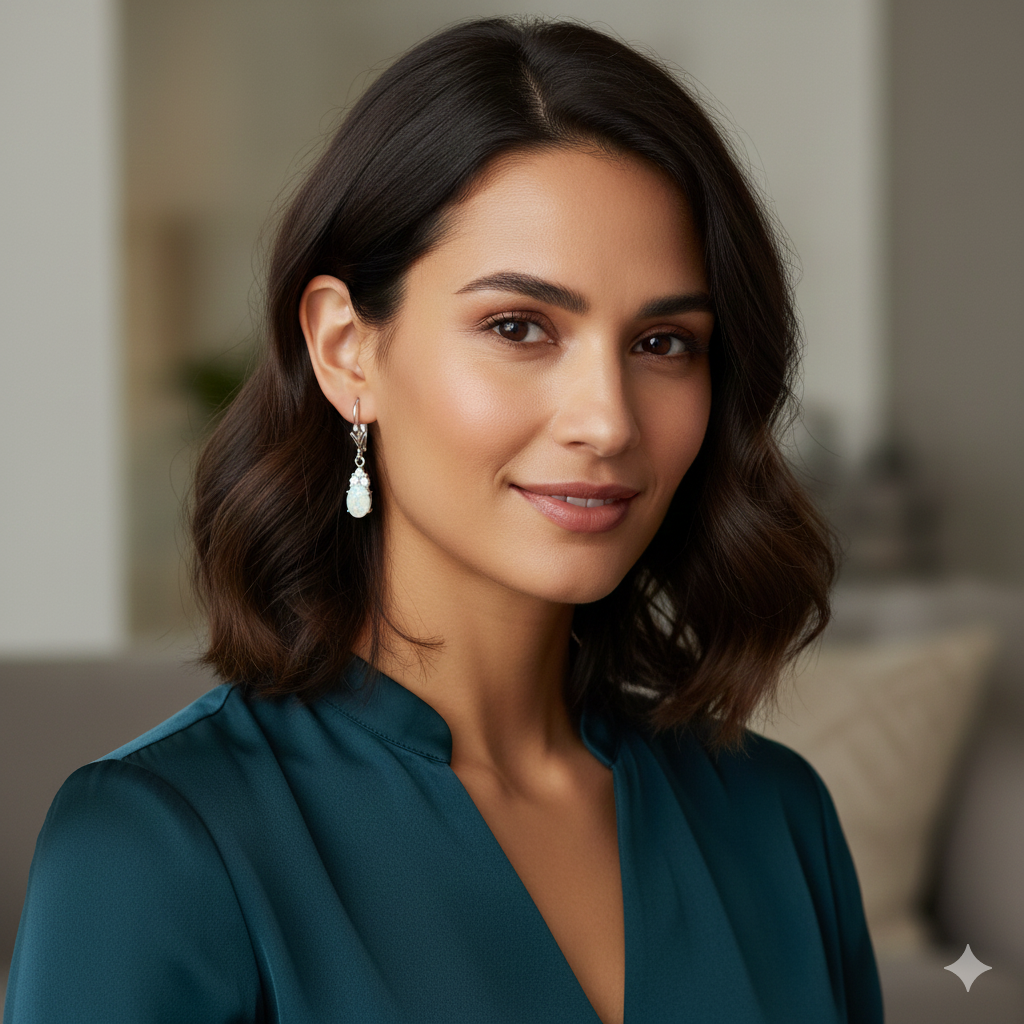 Sterling Silver Rhodium Plated Australian Opal, White Topaz Drop Earrings, 5x7mm Stone, 28mm Length