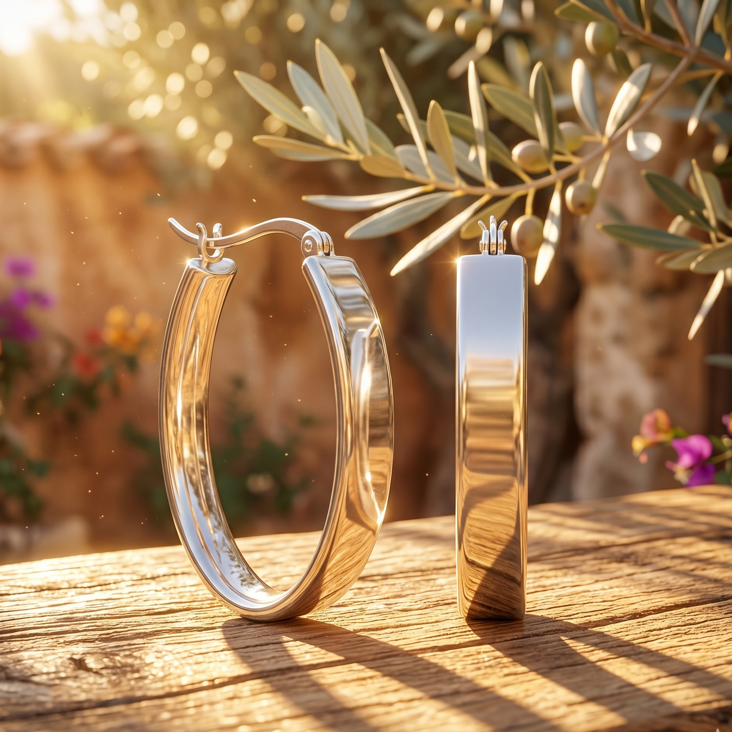 Gold hoop earrings on a wooden surface with a natural background