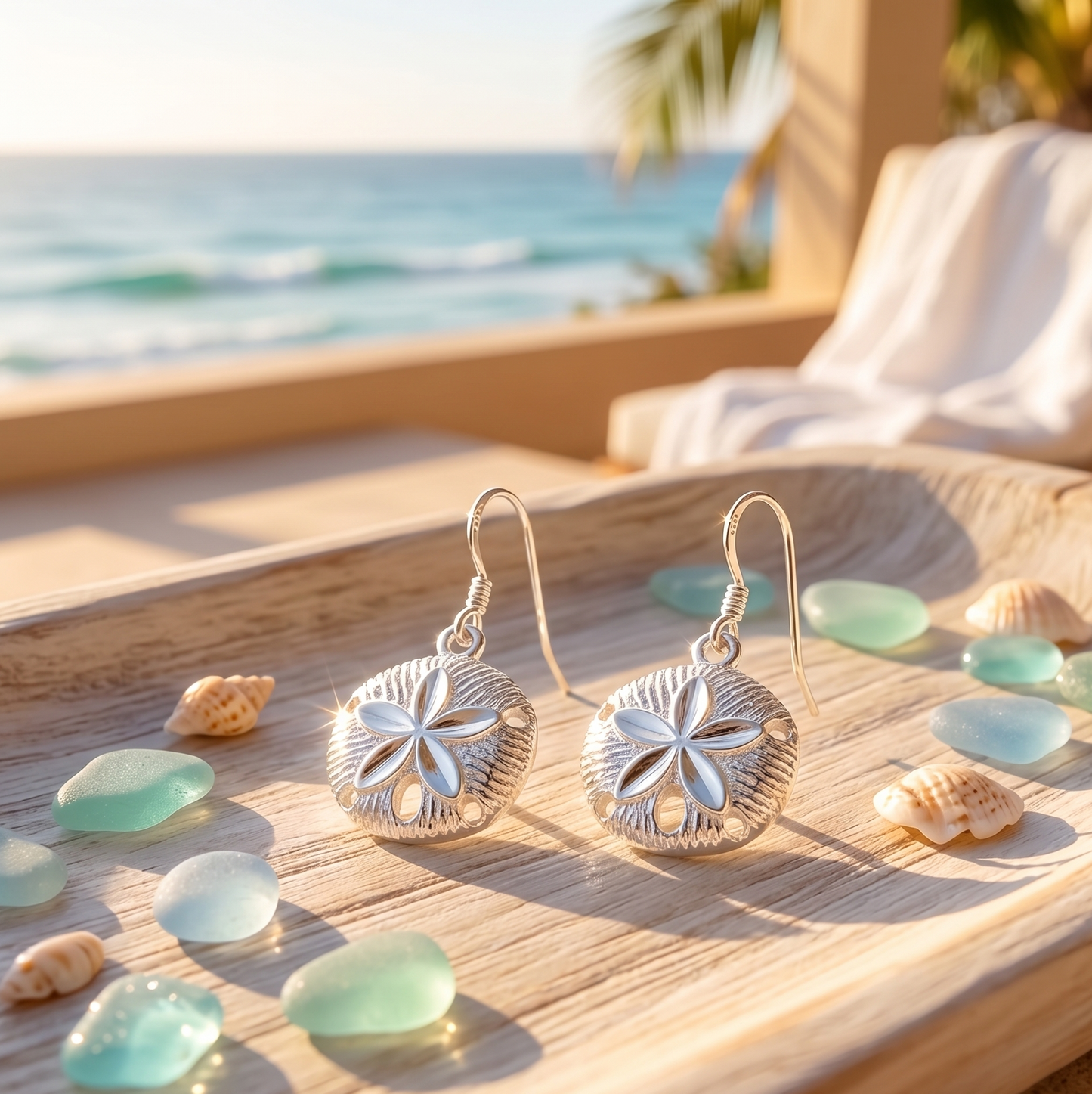 Silver sand dollar earrings on a wooden surface with seashells and ocean view