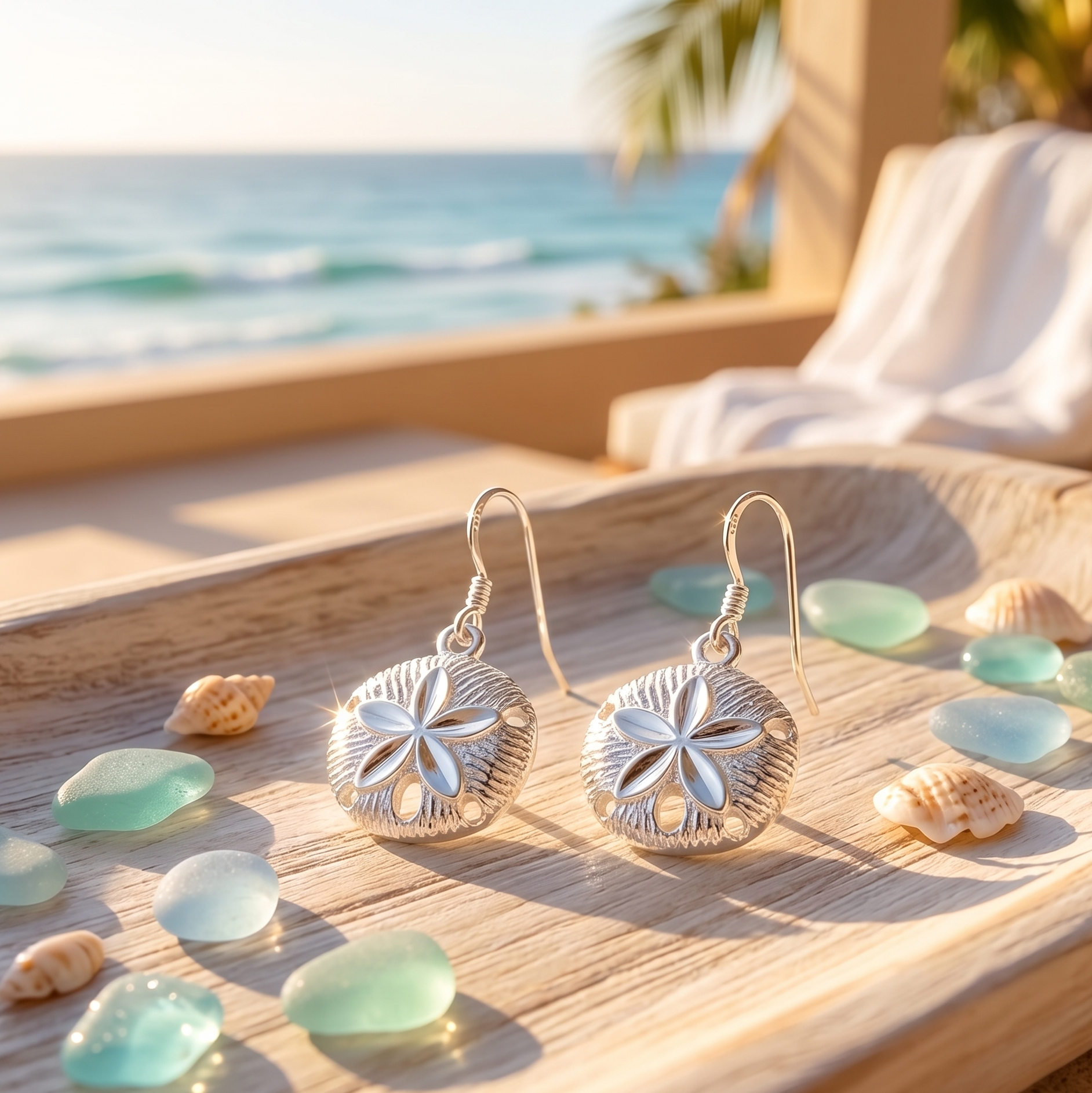 Silver sand dollar earrings on a wooden surface with seashells and ocean view