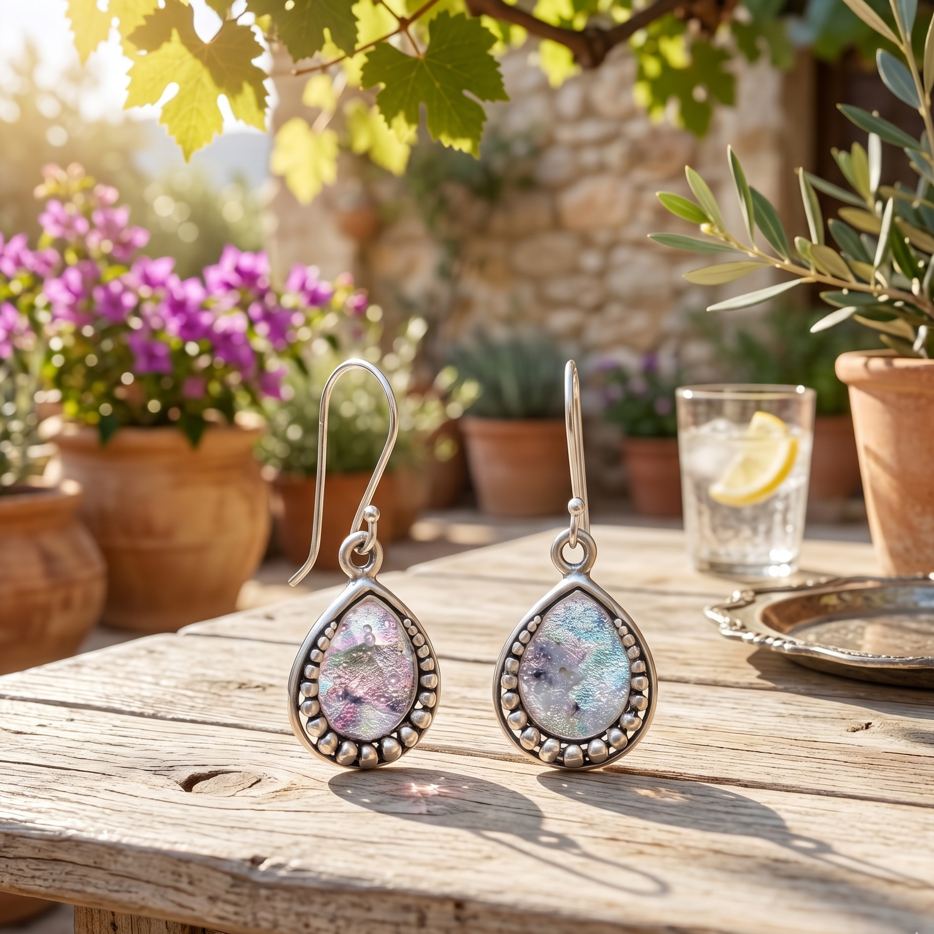 Pair of earrings on a wooden table with a garden background