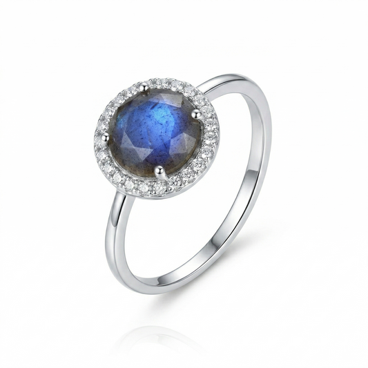 Labradorite CZ Halo Ring Rhodium Plated 925 Sterling Silver 7mm Stone Sizes 6-9