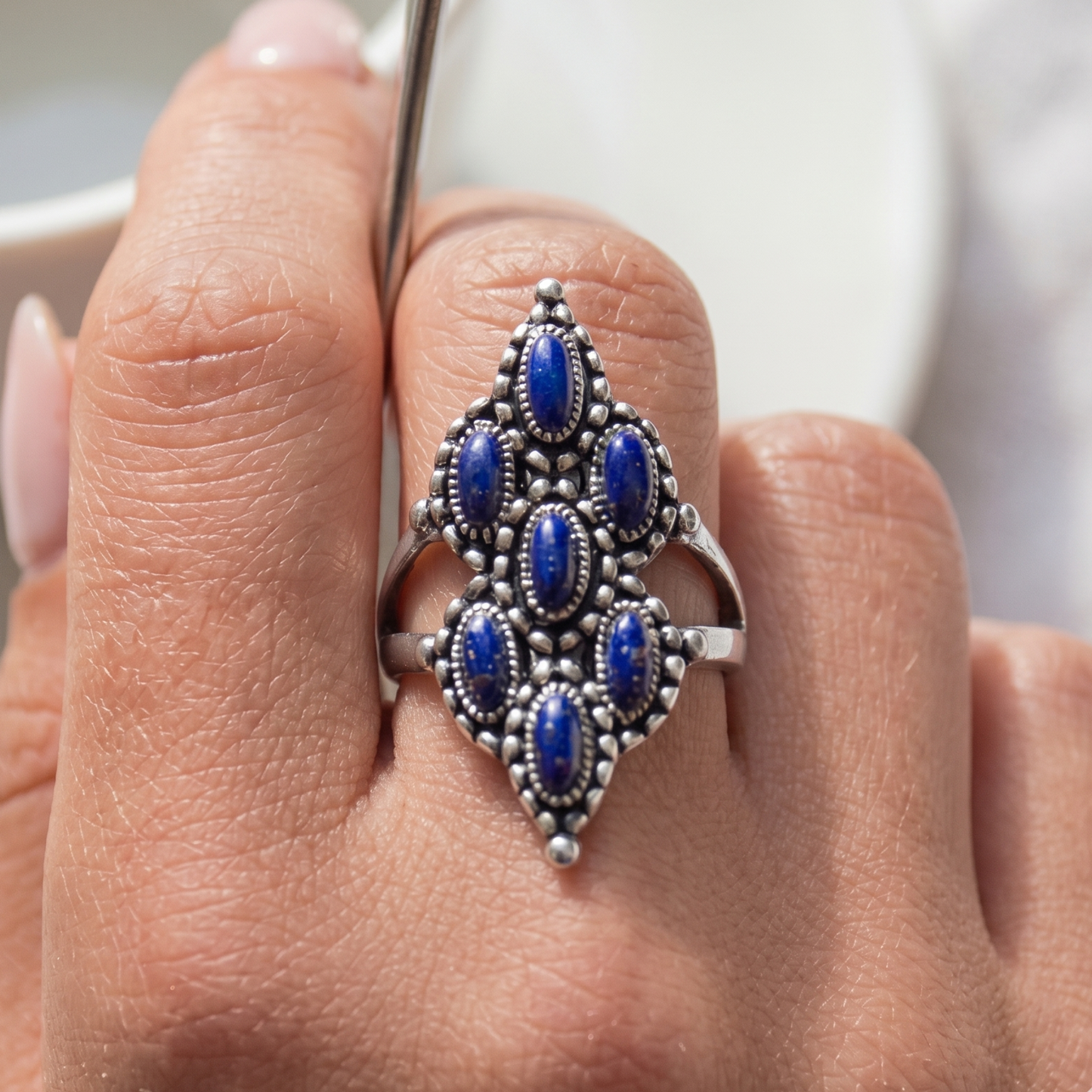 Seven Stars Lapis Ring 925 Oxidized Silver Marquise Split Band Sizes 6-10