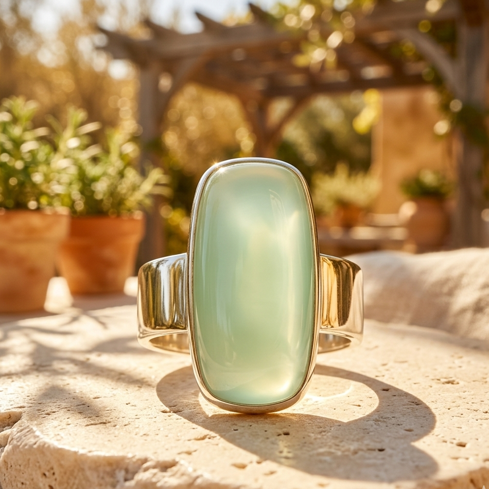 Gold ring with a light green stone on a stone surface outdoors