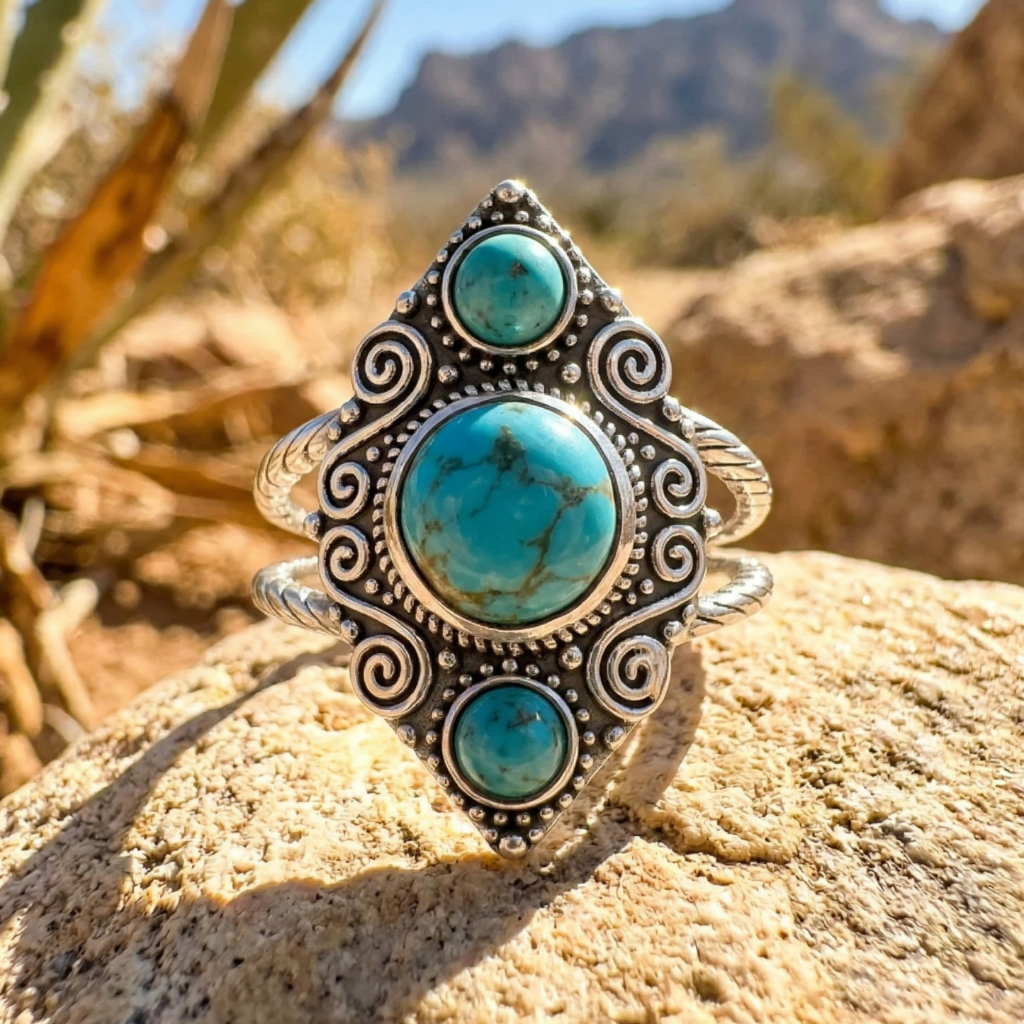 Triple Turquoise Scroll Ring Oxidized 925 Sterling Silver Double Band Sizes 6-9